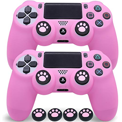 Sofunii 2pcs Skin for PS4 Controller, Anti-Slip Silicone Cover Shell Case with 8 Thumb Grip Caps, Compatible with PlaySation 4 Slim/Pro Controller DualShock 4 Wireless/Wired Gamepad (Pink)