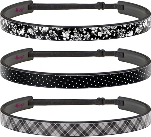 Hipsy Blades 3-pack Adjustable & Flexible No Slip Sports Fashion Headbands Women's Printed 5/8' Head Bands for Women Girls & Teens (Grey Plaid/Black Pin Dot/Black Floral 3pk)