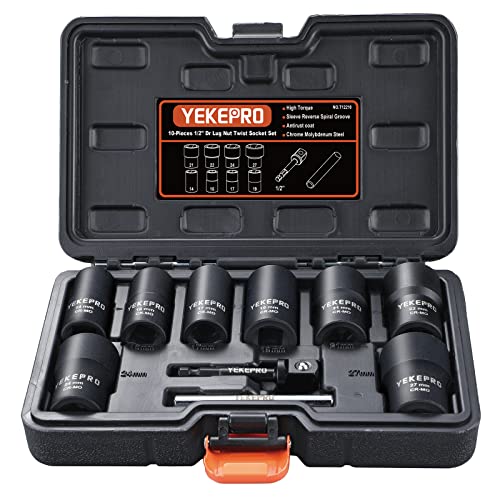 YEKEPRO 10Pcs Bolt Nut Extractor Set, 1/2' Drive Impact Twist Lug Nut Removal Socket Tool, Stripped For Damaged, Frozen, Studs, Rusted, Rounded-Off Bolts, Nuts & Screws, Cr-Mo Steel, T12210