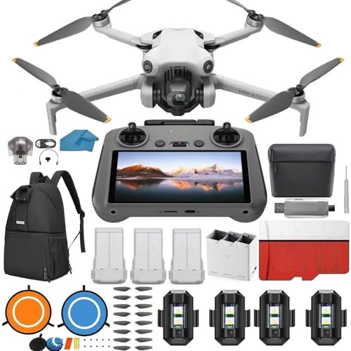 DJI Mini 4 Pro Drone Fly More Combo Plus with DJI RC 2 Screen remote with 3 Battery Bundle Kit 45-min Flight Time Camera Drone Bundle, with 128 GB SD, 3.0 USB Card Reader, Landing Pad, Backpack, Strobe lights and More