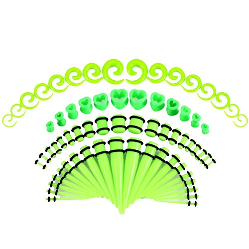 JDXN 64PCS Acrylic Gauge Kit Tapers + Heart Tunnels + Plug With O Ring + Spiral Tapers 14G-00G Stretching Set (Green)