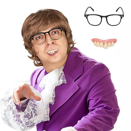 Miss U Hair Short Wavy Brown 70's Wigs for Men with Glasses Fake Teeth Halloween Party Wig Set
