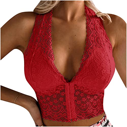 Woman's Sexy Lace Hollow Out Bra Halter Front Closure Comfort Bra Push Up Wireless Longline Full Coverage Bras Red