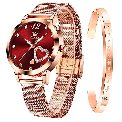 OLEVS Rose Gold Watch for Women Mesh Strap Fashion Dress Hearts Japanese Quartz Waterproof Luminous Ladies Watches Bracelet Sets Red