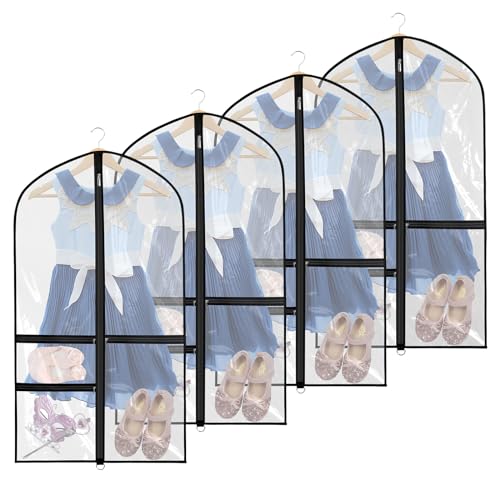 Zilink Clear Kids Garment Bag for Dance 40” Dance Garment Bags for Dancers Cheer Uniform Garment Bag with 3 Clear Zipper Pockets，Set of 4 (Clear/Black)