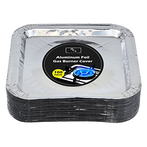 Aluminum Foil Square Gas Stove Burner Covers – Pack of 100 – Disposable Bib Liners for Kitchen Gas Range Top - Keep Your Gas Range Clean with DCS Deals Drip Pans - 8.5 x 8.5 x .5” Inch
