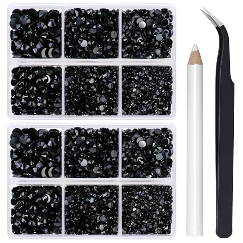 Briskbloom 10000PCS Solid Black Rhinestones for Crafts Shoes Clothes, Black Flatback Rhinestone Tumbler Bedazzling Kit, Mixed 2/3/4/5/6mm Glue Fix Rhinestone Gems Diamond
