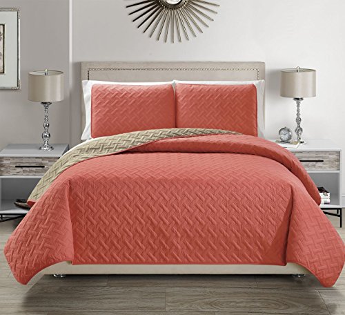 KingLinen Embossed Coral Reversible Bedspread/Quilt Set Queen