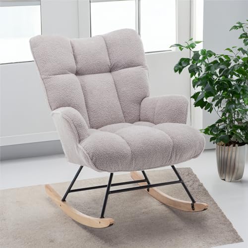 SAETSFEG Nursery Rocking Chair Teddy, Upholstered Glider Rocker with High Backrest, Comfortable Stylish Accent Armchair with Padded Seat for Living Rooms, Grey Bedrooms, Offices, Greyness