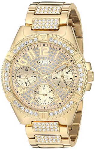 GUESS Gold-Tone Stainless Steel Crystal Watch with Day, Date + 24 Hour Military/Int'l Time. Color: Gold-Tone (Model: U1156L2)