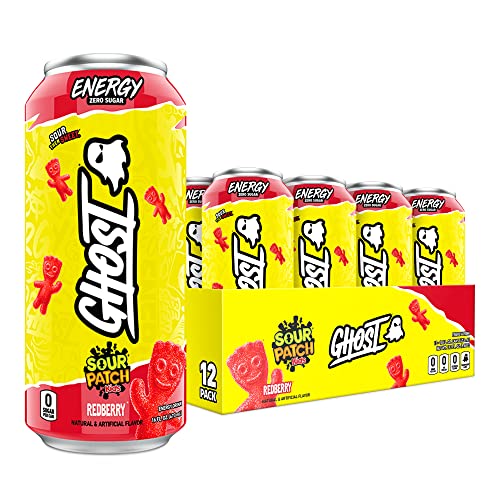 GHOST ENERGY Sugar-Free Energy Drink - 12-Pack, SOUR PATCH KIDS Redberry, 16oz - Energy & Focus & No Artificial Colors - 200mg of Natural Caffeine, L-Carnitine & Taurine - Gluten-Free & Vegan