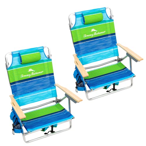 Tommy Bahama Set of 2 5-Position Classic Lay Flat Backpack Beach Chairs with Cooler, Storage Pouch and Towel Bar, Striped