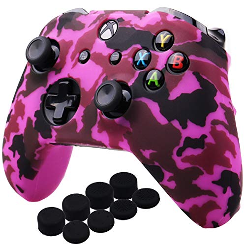 YoRHa Water Transfer Printing Camouflage Silicone Cover Skin Case for Microsoft Xbox One X & Xbox One S Controller x 1(Dark Pink) with PRO Thumb Grips x 8