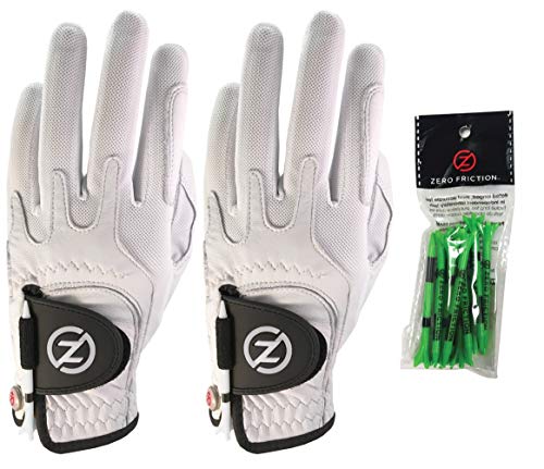 Zero Friction Male Men's Cabretta Elite Golf Glove 2 Pack, Free Tee Pack White & White, Universal Fit (GL72007)