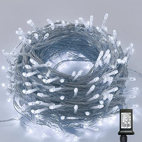 LJLNION 300 LED String Lights Outdoor Indoor, Extra Long 98.5FT Super Bright Christmas Lights, 8 Lighting Modes, Plug in Waterproof Fairy Lights for Holiday Wedding Party Bedroom Decorations ( White)