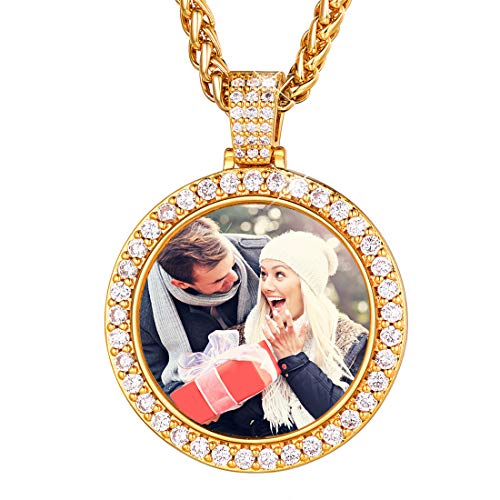 U7 Men Personalized Picture Necklace 18K Gold Plated Chain Full CZ Tennis Round Medal Pendant Customized Photo Jewelry Gift