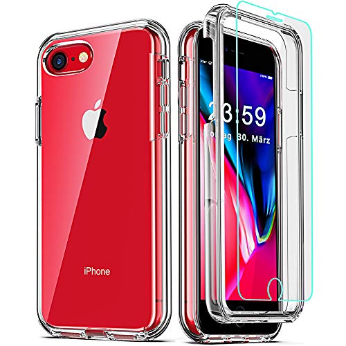 COOLQO Compatible for iPhone 8 Case iPhone 7 Case 4.7 inch, [2 Pack Tempered Glass Screen Protector] [Hard PC+Soft TPU] [3 in 1] Full Body Coverage Protective Shockproof Silicone Phone Cover, Clear