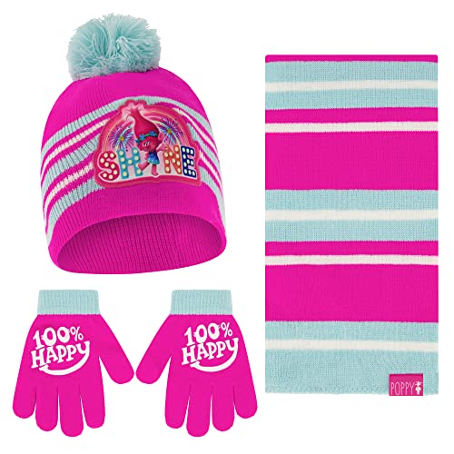 DREAMWORKS TROLLS Girls Winter Hat And Kids Gloves Set, Scarf Or Earmuffs, Poppy For Ages 4-7, Bright Pink/Light Blue