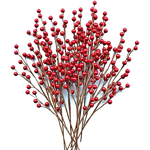 WangLaap 12 Pcs Artificial Red Berries Stems 13.5' Waterproof Berry Branches for Home Holiday Wedding DIY Crafts Decor