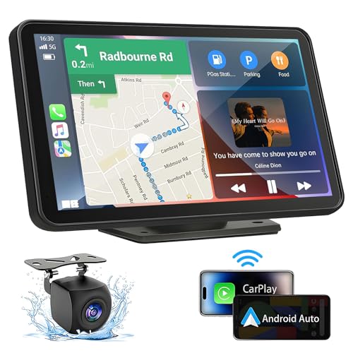 PASLDA Newest Wireless Portable Car Stereo with Apple Carplay/Android Auto/Mirror Link for Car Truck RV Vehicles, Dash Mount Touchscreen Car Multimedia Player Bluetooth & Backup Camera, Auto Connect