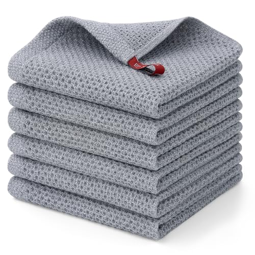 Mordimy Cotton Kitchen Dish Cloths, 6 Pack Super Absorbent and Lint Free Waffle Weave Dish Towels, Fast Drying Dish Rags for Washing Dishes, 12 x 12 Inch, Grey