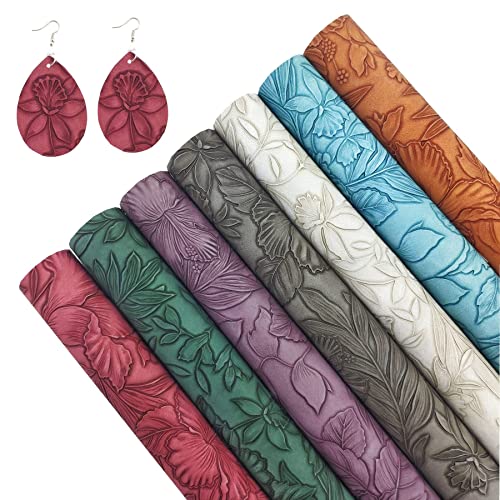 SHUANGART 7 Pcs Embossed Faux Leather Sheets for Earrings Purses Making, 8.2' X 11.8' with Flower Leaf Embossed Textured Synthetic Fabric Sheets for DIY Bows Wallet Sewing Crafts (Relief)