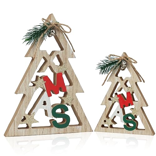 Merry Christmas Sign Christmas Tree Decorations Farmhouse Block Wooden Winter Rustic Table Holiday Block for Home Kitchen Xmas Party Mantel Tiered Tray Gift