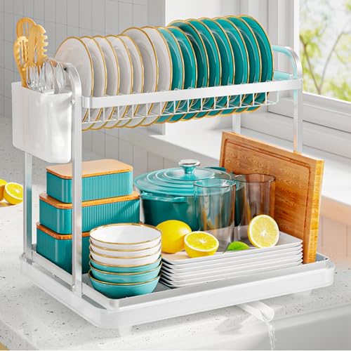 Sakugi Dish Drying Rack - Stainless Steel Dish Rack for Kitchen Counter, 2-Tier Kitchen Organizers and Storage Rack with Drainboard and Cutlery Holder, Larege, Silver