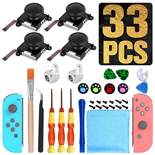 [New Version] 4 Pack Joycon Joystick Replacement 3D Joystick Analog Left/Right Thumb Sticks Sensor Caps for Nintendo Switch Joy Con Controller, Joycon Repair Kit, NS Repair Tool 33 PCS