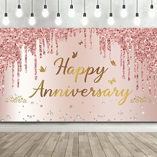 generic Happy Anniversary Banner Backdrop Décor: - Rose Gold Feliz Aniversario Wedding Backdrops for Photoshoots - Church & Work Anniversary Aniversario Celebration Decoration