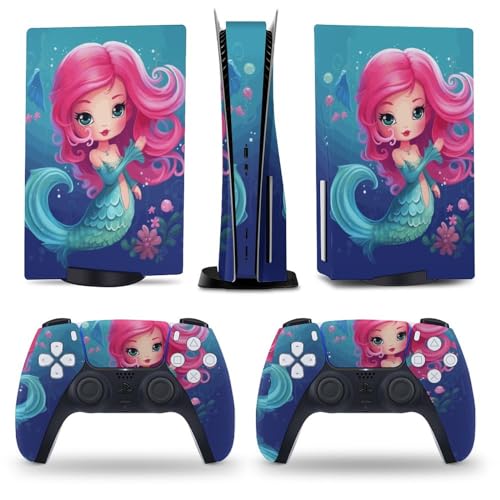 AoHanan Mermaid Pink Tail PS5 Skin Console and Controller Accessories Cover Skins Anime Vinyl Cover Sticker Full Set for Playstation 5 Disc Edition