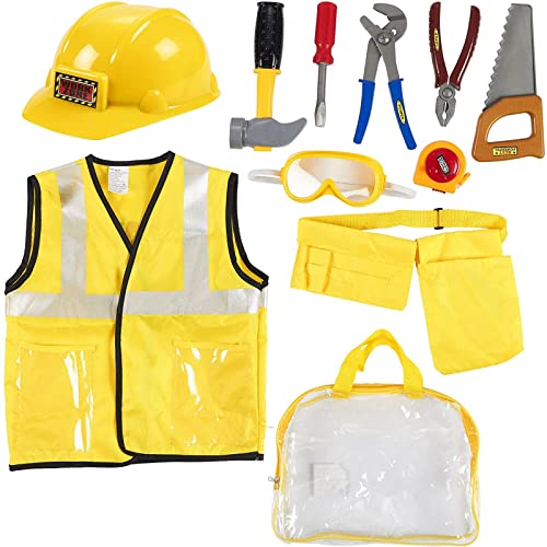 Kids Role Play Costume Set - 10-Piece Construction Worker Costume for Kids, Builder Dress Up Kit with Hard Hat, Tool Belt, Vest, and Other Accessories for Pretend Play, Halloween Dress Up, School Play