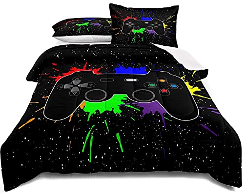 Gaming Bedding Set Twin Size Gamer Comforter Set for Boys Girls Kids Teens Soft Microfiber Colorful Modern Buttons Video Game Bedding Decorative Controller Pattern Design with Pillow Sham…