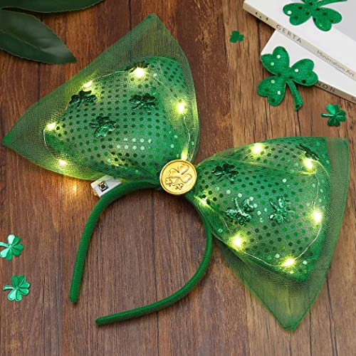 Latious St Patricks Day Headbands Light up Bow Headband Sequin Green Glitter Hairband Shamrock Clover Party Decoration Cosplay Costume Bows Headwear for Women and Girls