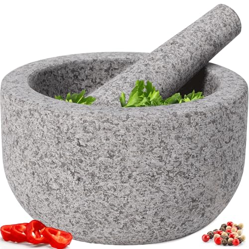 Heavy Duty Extra Large Mortar and Pestle Set, Hand Carved from Natural Granite, Make Fresh Guacamole, Salsa, Pesto, Stone Grinder Bowl, Herb Crusher, Spice Grinder, 4 Cup, Grey