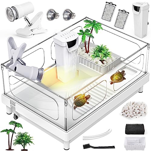 MoonOrange Small Turtle Tank Kit(Tank+Light+Filter), Acrylic Turtle Tank Starter Kit with Bask Platform, Bottom Drain, Multi-Function Area for Small Reptiles.(White)