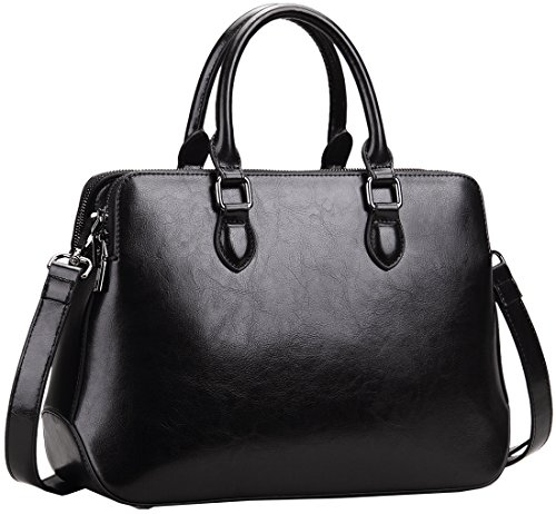 HESHE Leather Purses for Women Totes Top Handle Shoulder Handbags Large Capacity Purse Satchel Zippered Pockets Crossbody Bag(Black-Cowhide Leather)