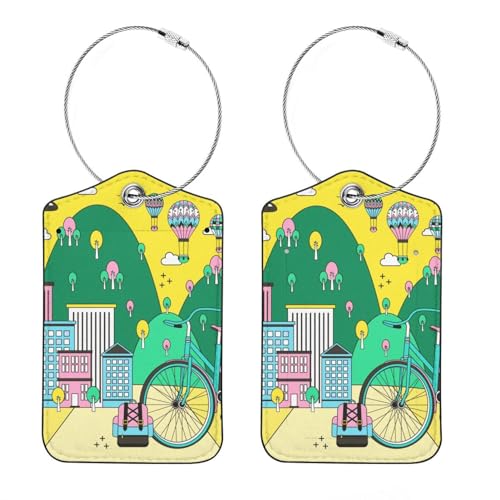 2 Pack Cartoon Eco City Illustration Pattern PU Leather Luggage Tags - Durable Suitcase Baggage Tag Label