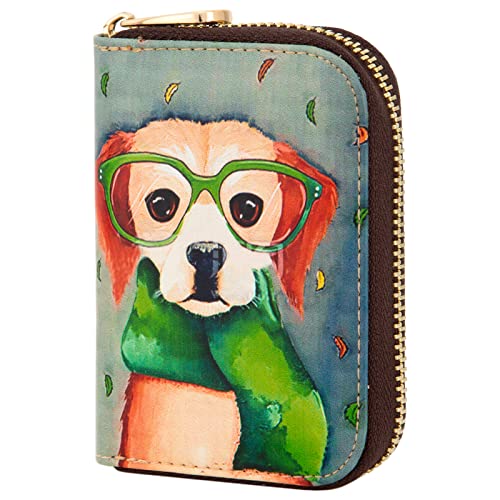 ANNAMISSI Women Leather Wallet RFID Blocking Credit Card Holder Zipper Card Case for Girls Coin Purse (Glasses Dog)