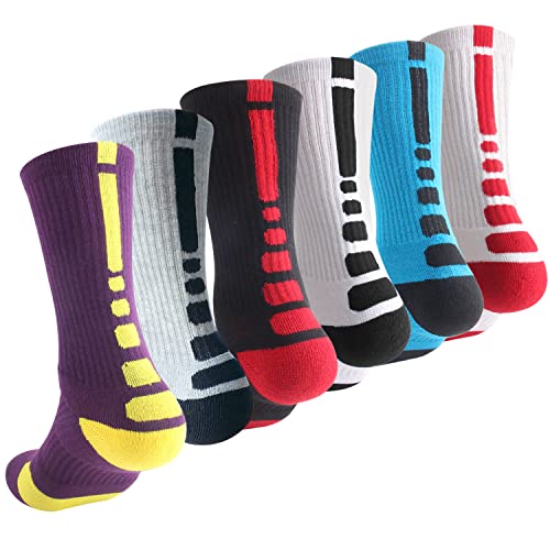 OLCHEE Boys Sock Basketball Soccer Hiking Ski Athletic Outdoor Sports Thick Calf High Elite Crew Sock 6 Pack B, Size M