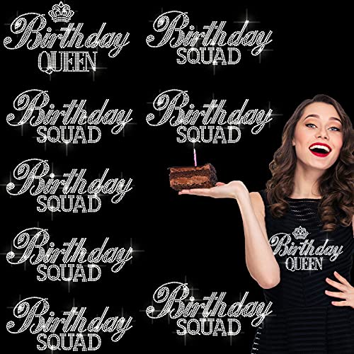 8 Pieces Birthday Queen Squad Iron on Transfers Rhinestone Heat Transfer Decal Bling Patch DIY Birthday Party Iron On Stickers for Women Girls Tank Top T-Shirts Hat Jacket Accessories Decoration