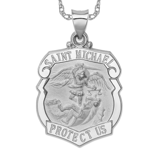 IceCarats 14K White Gold Saint Michael Medal Protects Us Patron Archangel Guardian Angel Necklace Christian Religious Pendant Faith Charm 36mm x 22mm - Pendant Only