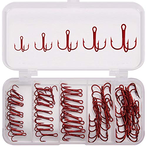 50pcs/Box Red Treble Hooks, High Carbon Steel Fishing Hooks Kit, Sharp & Round Bend Fishing Treble Hooks for Catfish Lures Baits Bass Size #2#4#6#8#10 Fishing Accessories and Equipment