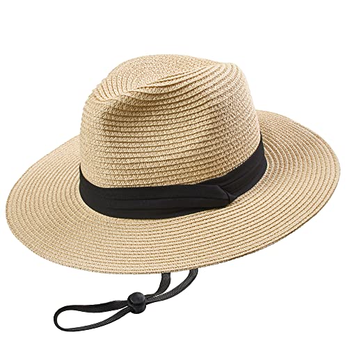 Happy Hippo Womens Hat Wide Brim Straw Panama Hat Fedora Roll Up Beach Hat, Sun Hat UPF50+, Hats for Women, Adjusts (Khaki)