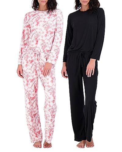 Real Essentials Women’s Long Sleeve Pajama Sets Ladies Soft Winter Fall Sleepwear Pajamas Clothes Loungewear Long Sleeve Tops Pants Bottoms Fall Warm Silky Pj Sets for Women, Set 8, Large, Pack of 2