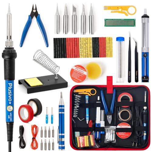 60W Adjustable Temperature Soldering Iron Kit - Soldering Stand, Tips, Desoldering Pump, Wire Cutter, Tweezers, Solder Paste, Heatshrink Tubes from Plusivo