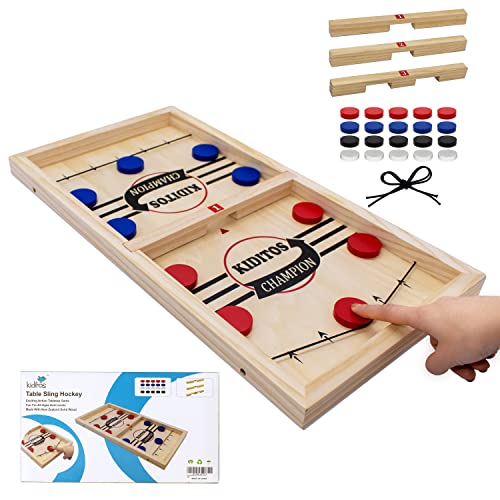 Kiditos 22.4' Fast Sling Puck Game Wooden Hockey Game, 3 Levels Challenge 2-4 Players Family Board Game, Tabletop Slingshot Hockey Game, Foosball Winner Game for Kids, Teens and Family Game Night