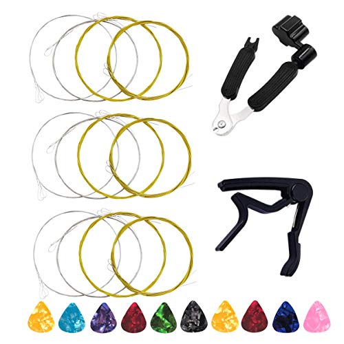Mandolin Strings 3 Full Sets Stainless Steel Core Bronze Wound & 1PC 3 in 1 Restringing Tool including String Winder String Cutter Pin Puller & 1PC Capo & 10PCS Picks