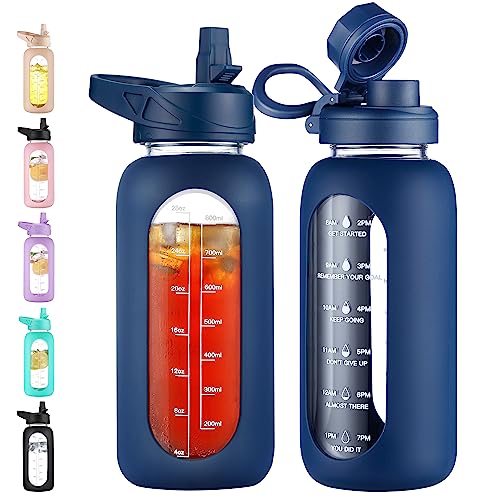 CIVAGO 32 oz Glass Water Bottle with Straw and Handle, Large Sports Motivational Water Bottle Flask with Time Marker and 2 Lids, Leakproof Water Jug Canteen with Silicone Sleeve for Gym,Navy