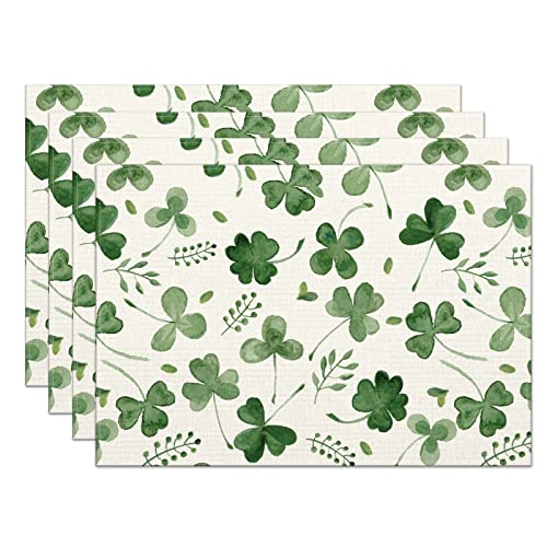 St. Patrick's Day Shamrock Placemats Set of 4,12x18 Inch Green Shamrock Lucky Clover Heat-Resistant Place Mats,Green Irish Table Decors for Seasonal Farmhouse Kitchen Dining Holiday Party